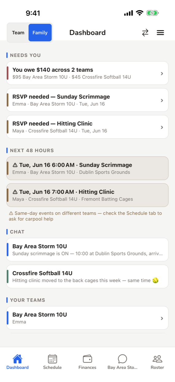 Family multi-team view screen