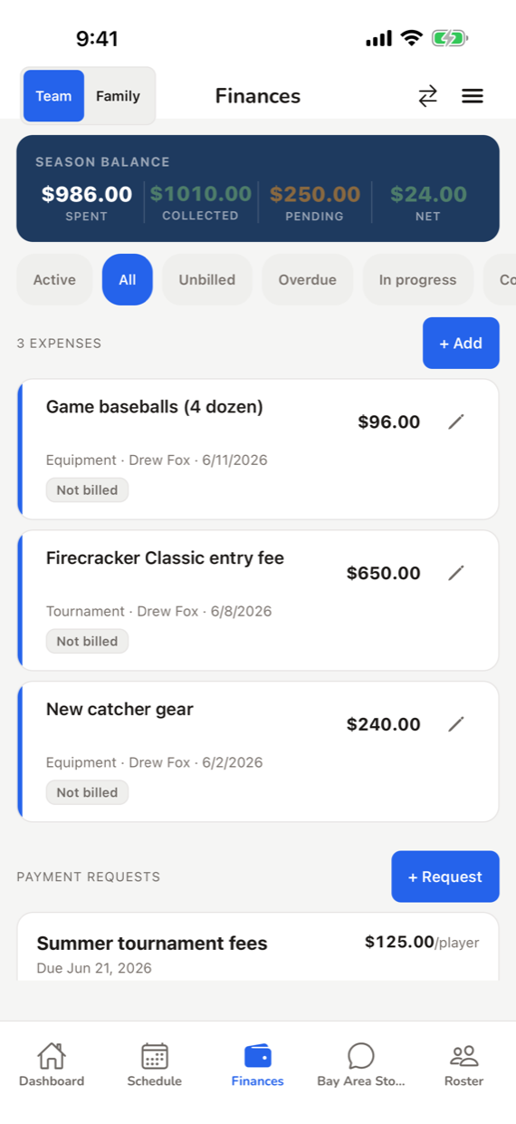 Teamstead finances screen