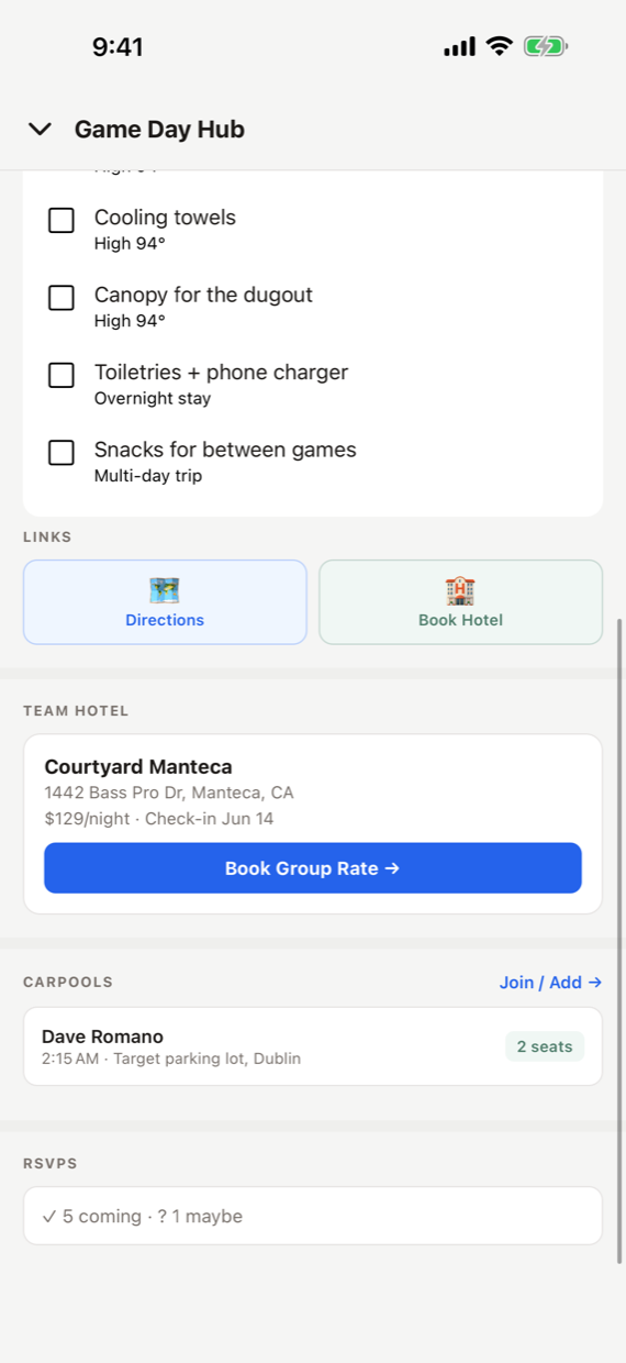 Travel & Game Day screen
